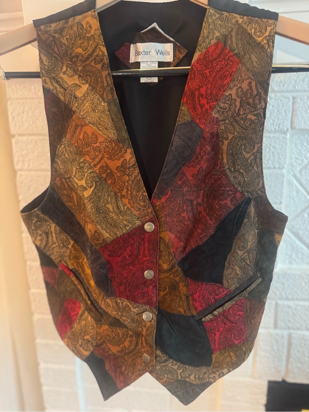 Vintage Women's Paisley Patchwork Leather Vest in Multi-Color Size Medium